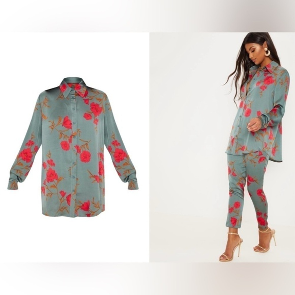 PRETTY LITTLE THINGS GREEN FLORAL OVERSIZED SHIRT/CIGARETTE TROUSERS US 8 BNWT